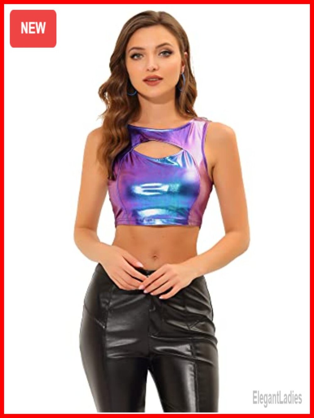 Metallic Crop Top Sleeveless Cut Out Party Clubwear Holographic Tank Top